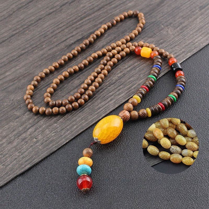 Tibetan Wood Bead Sweater Chain — Ethnic-Style Long Necklace - Cracked Yellow AgateTibet Art