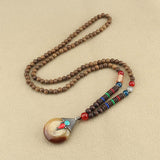 Tibetan Wood Bead Sweater Chain — Ethnic-Style Long Necklace - Horn Large Water DropTibet Art