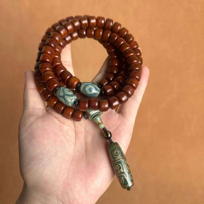 Tibetan Yak Bone Mala — 108-Bead Prayer Strand with Dzi Bead Pendant Tibet Art