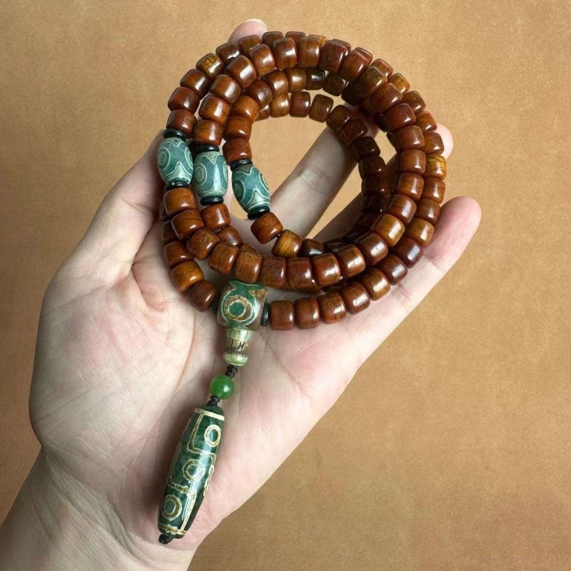 Tibetan Yak Bone Mala — 108-Bead Prayer Strand with Dzi Bead Pendant Tibet Art