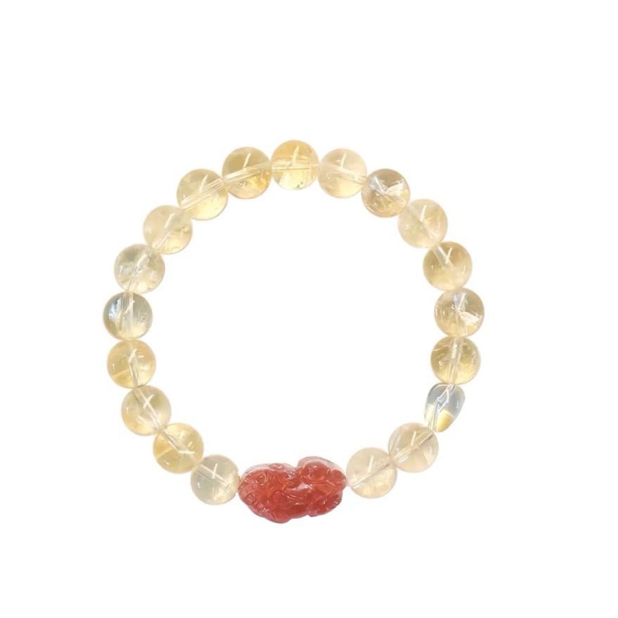 Yellow Citrine Pixiu Bracelet Collection — Natural Asai Crystal Charms For Wealth & Protection - 10mm Guardian Lion (Light Tone)Tibet Art