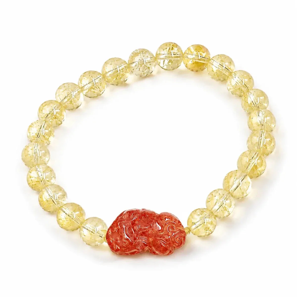 Yellow Citrine Pixiu Bracelet Collection — Natural Asai Crystal Charms For Wealth & Protection - 6mm Round BeadTibet Art