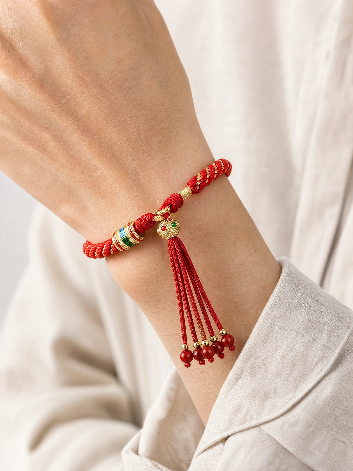 tibetan-auspicious-braided-tassel-bracelet-model-a-outfit-a-closeup-01