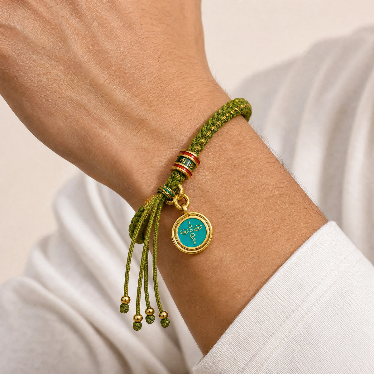 tibetan-fortune-eye-braided-bracelet-model-a-outfit-a-closeup-01
