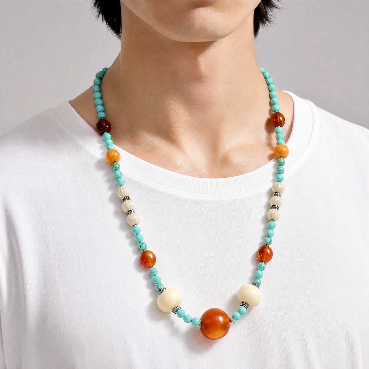 tibetan-turquoise-tone-white-long-necklace-model-a-outfit-a-closeup-01