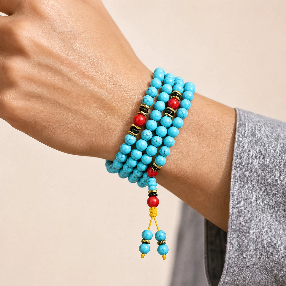 turquoise-108-bead-wrap-mala-bracelet-model-a-outfit-a-closeup-01