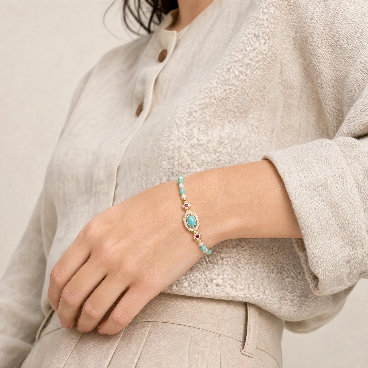 turquoise-pearl-color-stack-bracelet-model-b-outfit-b-fashion-03
