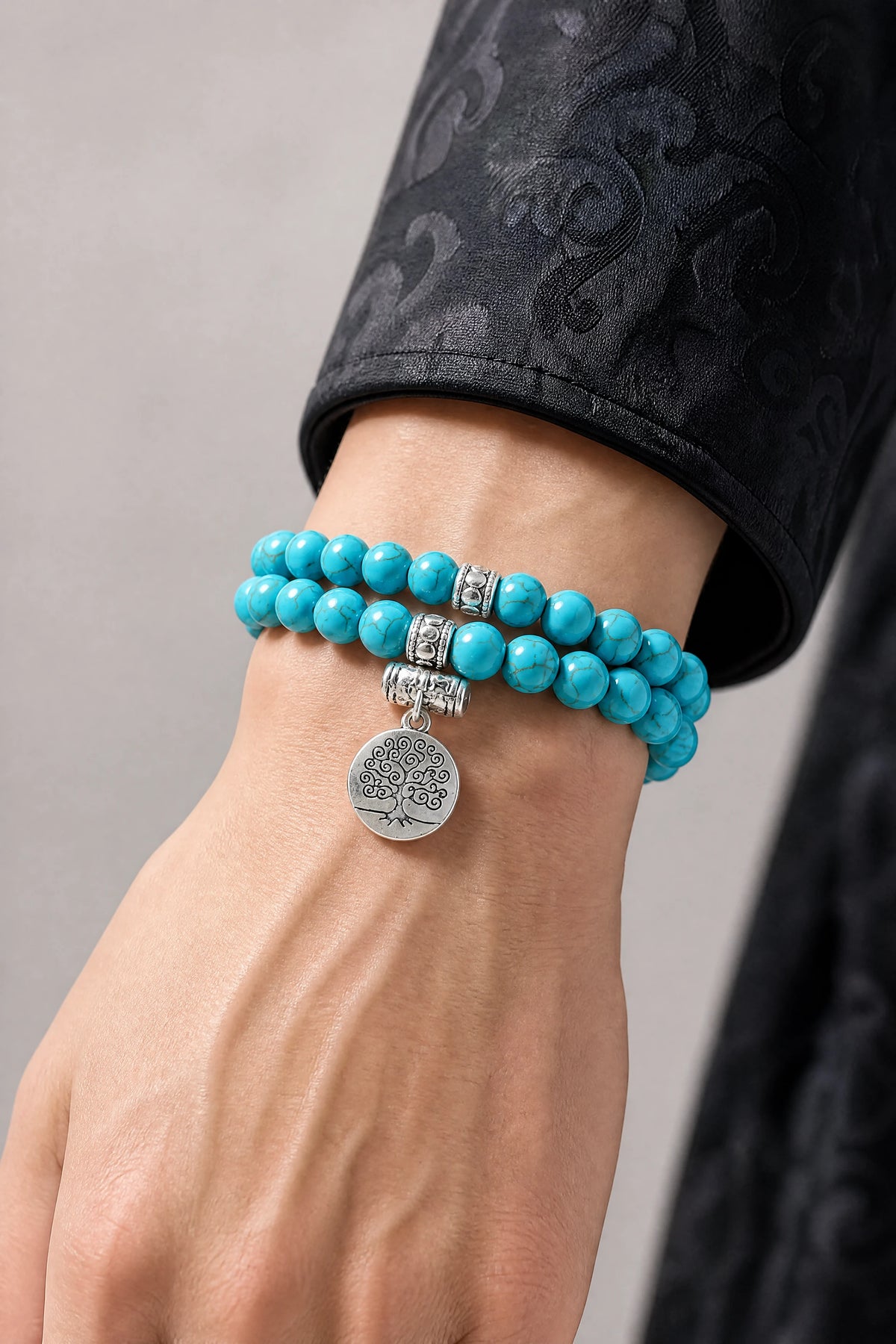 turquoise-tree-of-life-bracelet-set-model-a-outfit-a-closeup-01