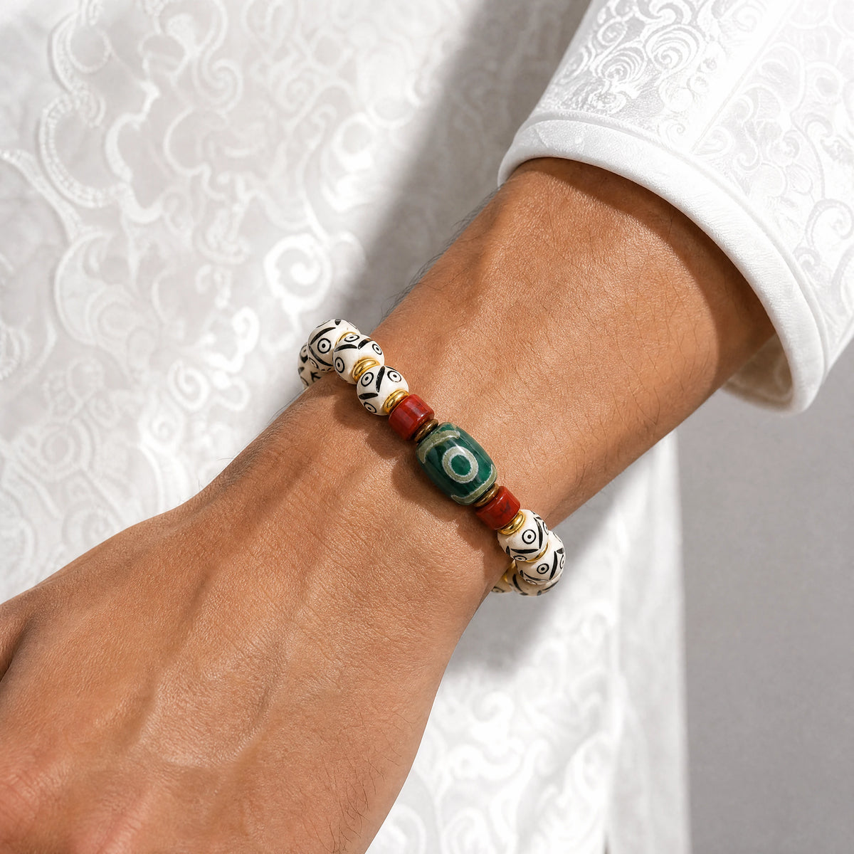 white-yak-bone-dzi-guardian-bracelet-model-a-outfit-a-closeup-01