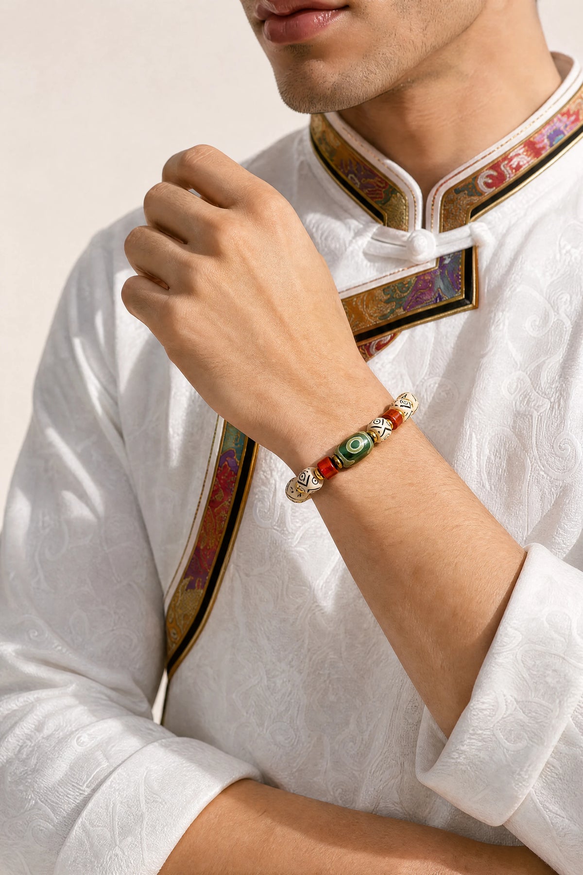 white-yak-bone-dzi-guardian-bracelet-model-a-outfit-a-fashion-01