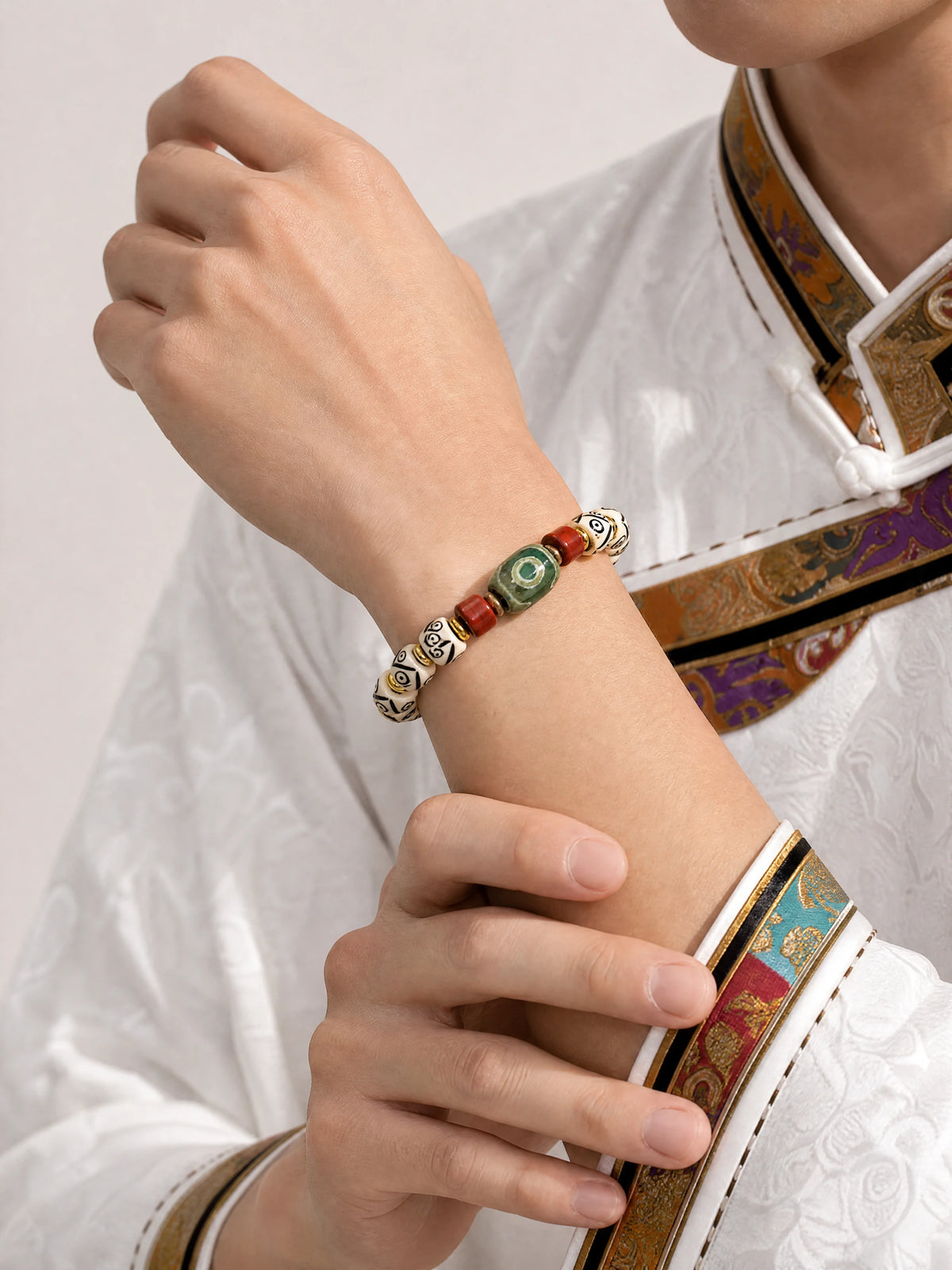 white-yak-bone-dzi-guardian-bracelet-model-a-outfit-a-fashion-02