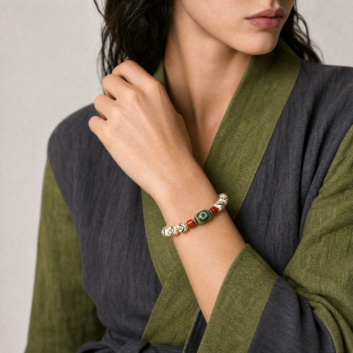 white-yak-bone-dzi-guardian-bracelet-model-b-outfit-b-fashion-03