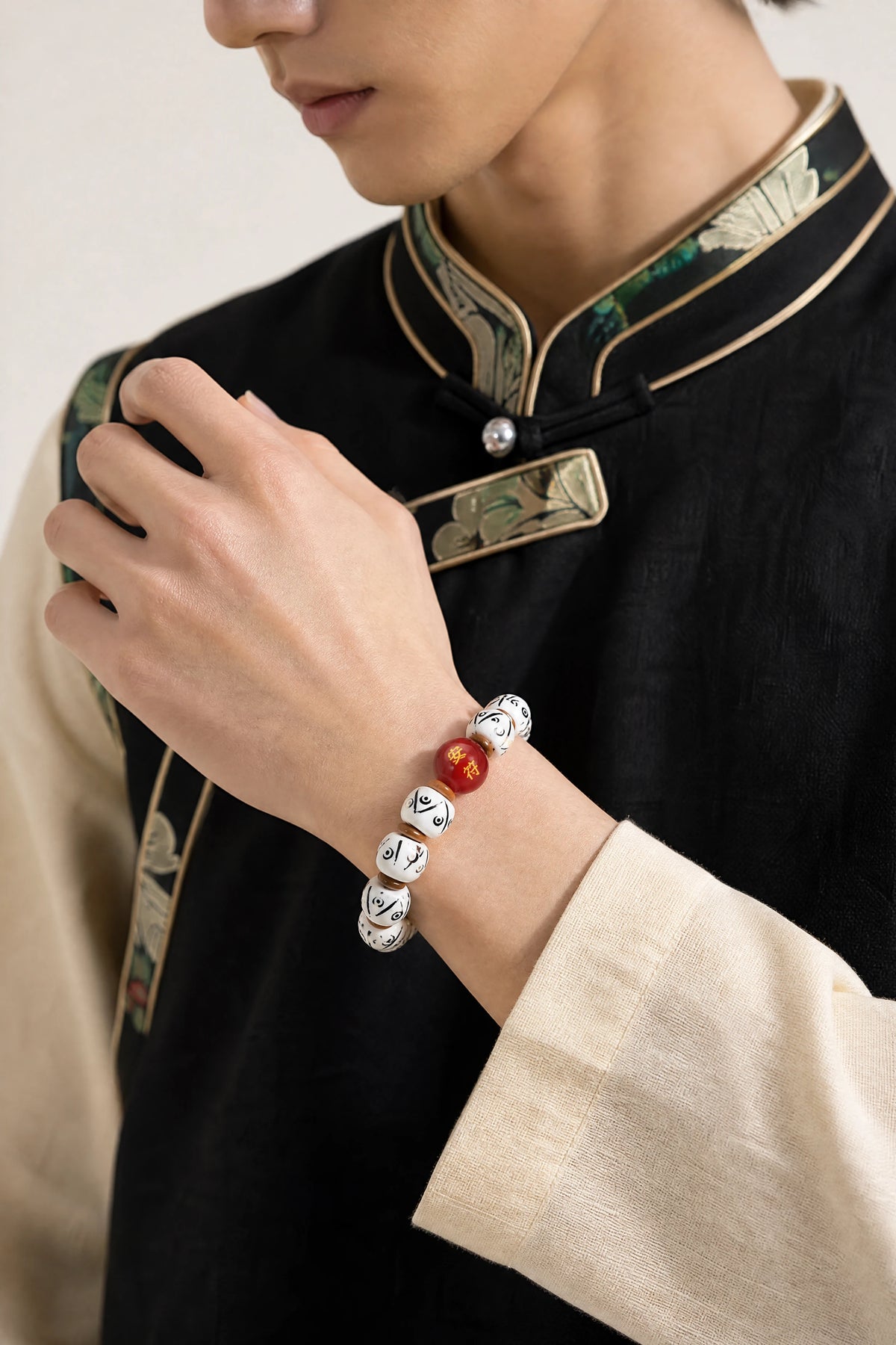 white-yak-bone-peace-talisman-bracelet-model-a-outfit-a-fashion-01