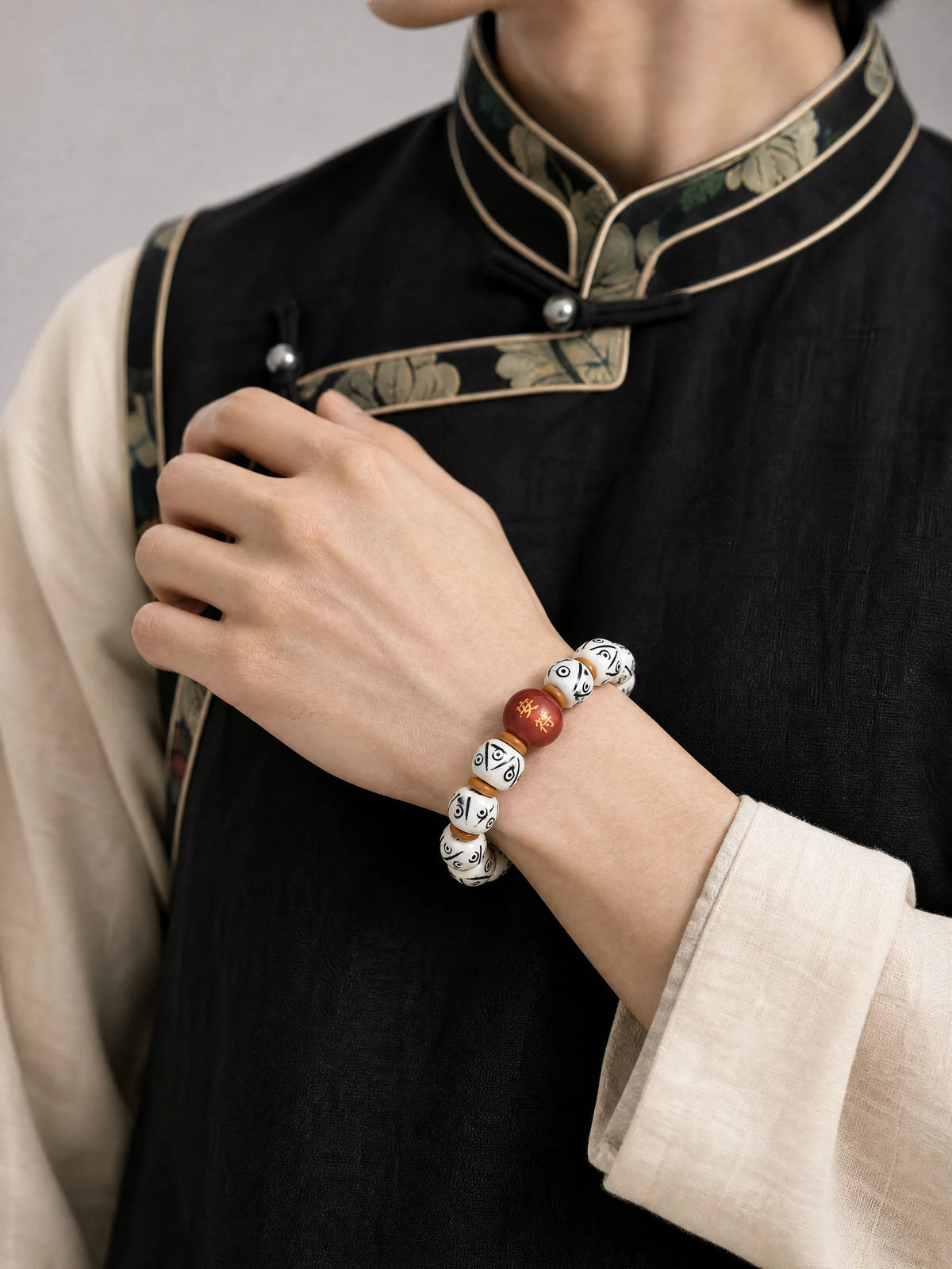 white-yak-bone-peace-talisman-bracelet-model-a-outfit-a-fashion-02