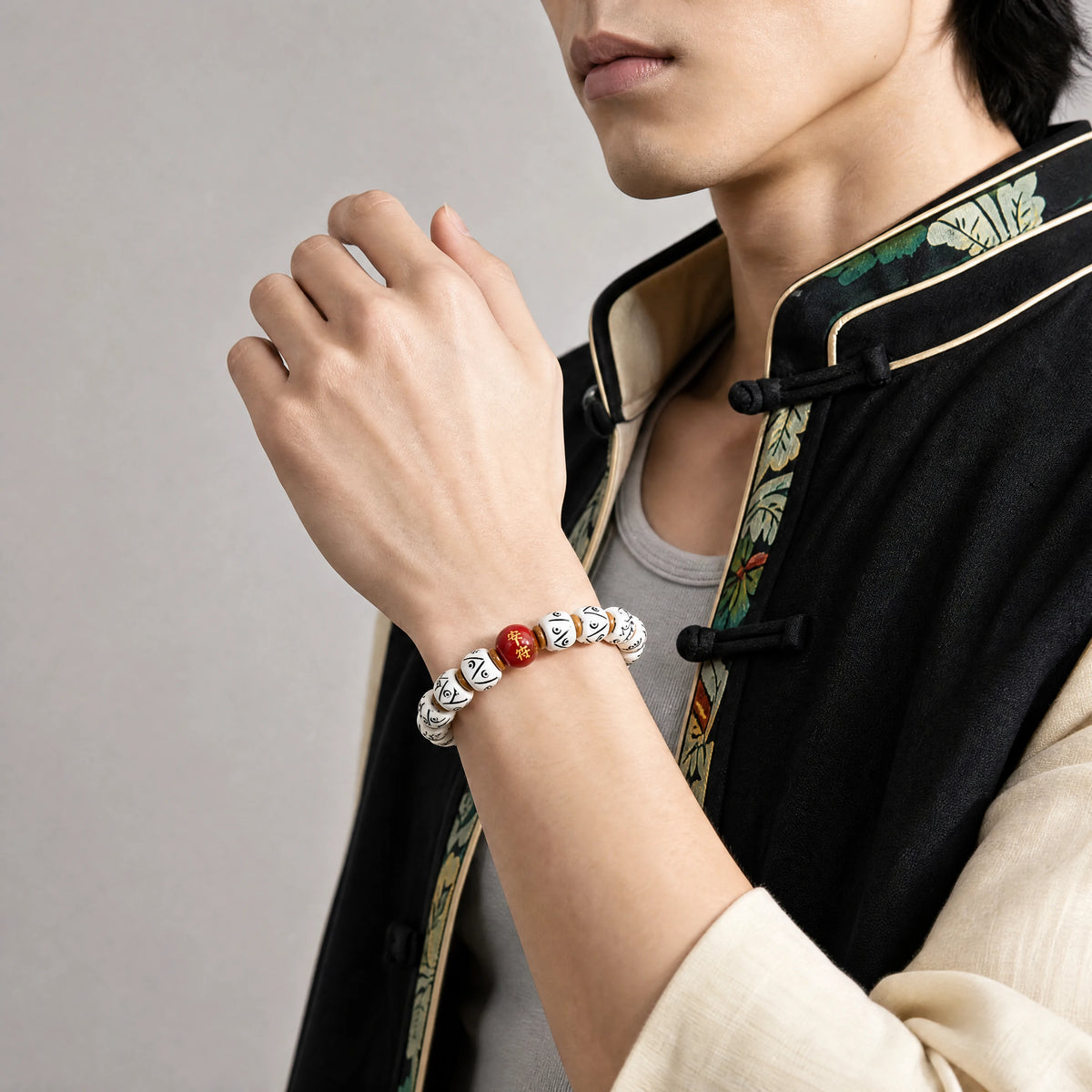 white-yak-bone-peace-talisman-bracelet-model-a-outfit-a-fashion-03