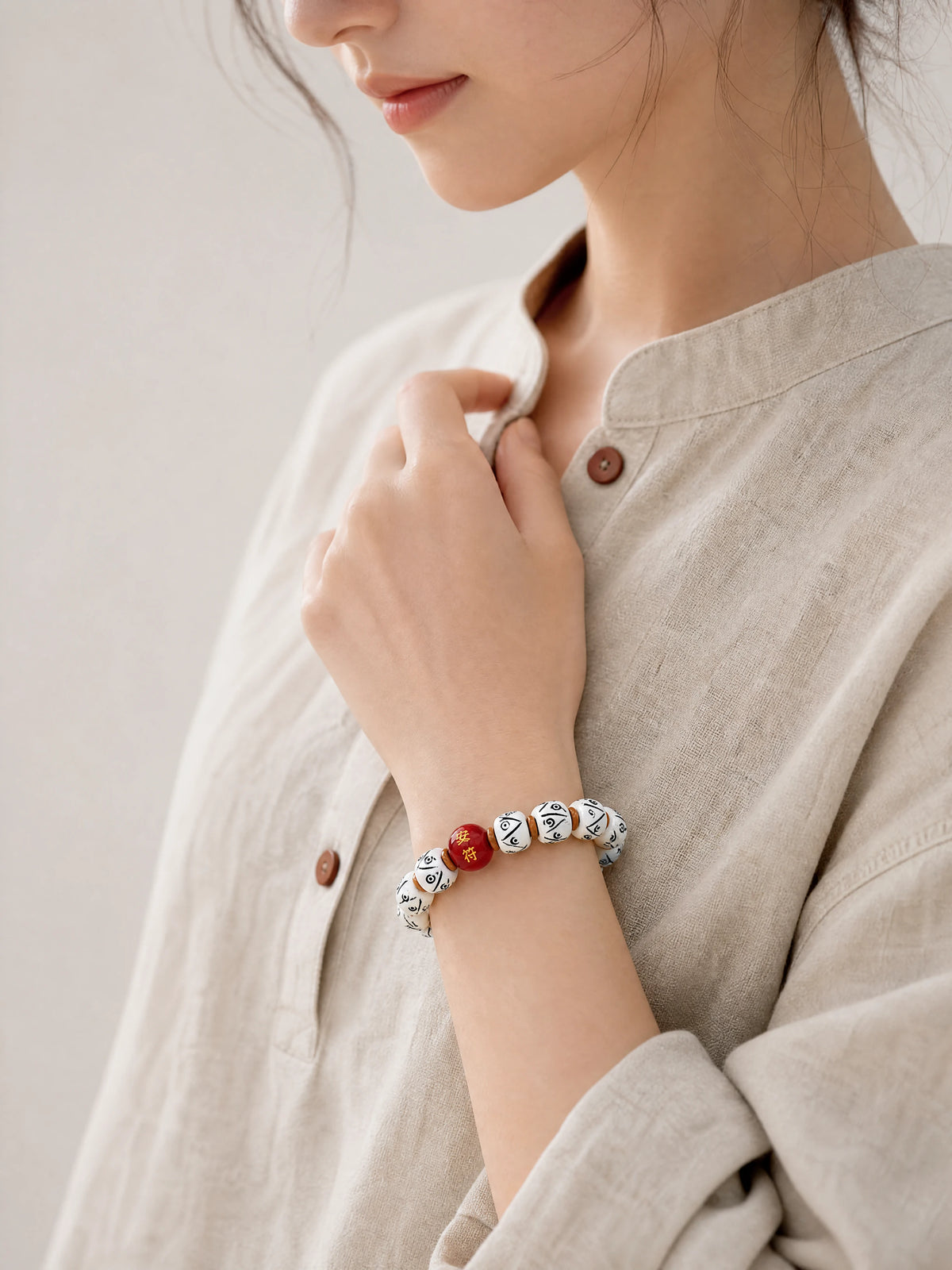 white-yak-bone-peace-talisman-bracelet-model-b-outfit-b-fashion-02