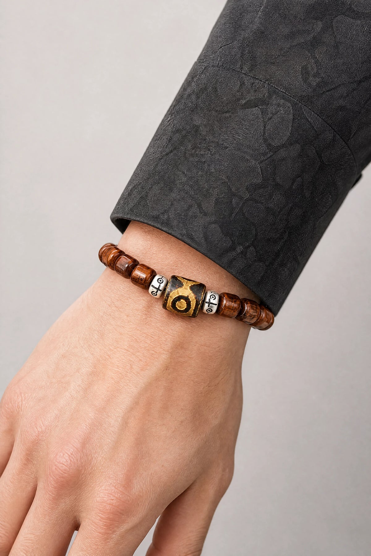 yak-bone-brown-dzi-bracelet-protection-model-a-outfit-a-closeup-01