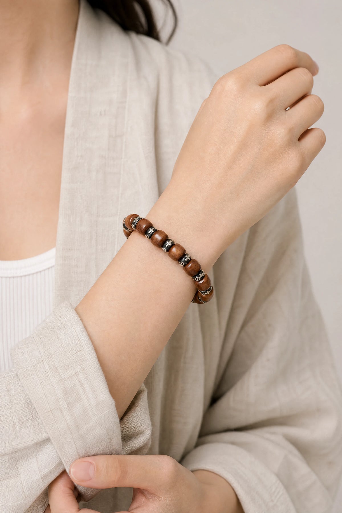 yak-bone-six-syllable-mantra-spacer-bracelet-model-b-outfit-b-fashion-02