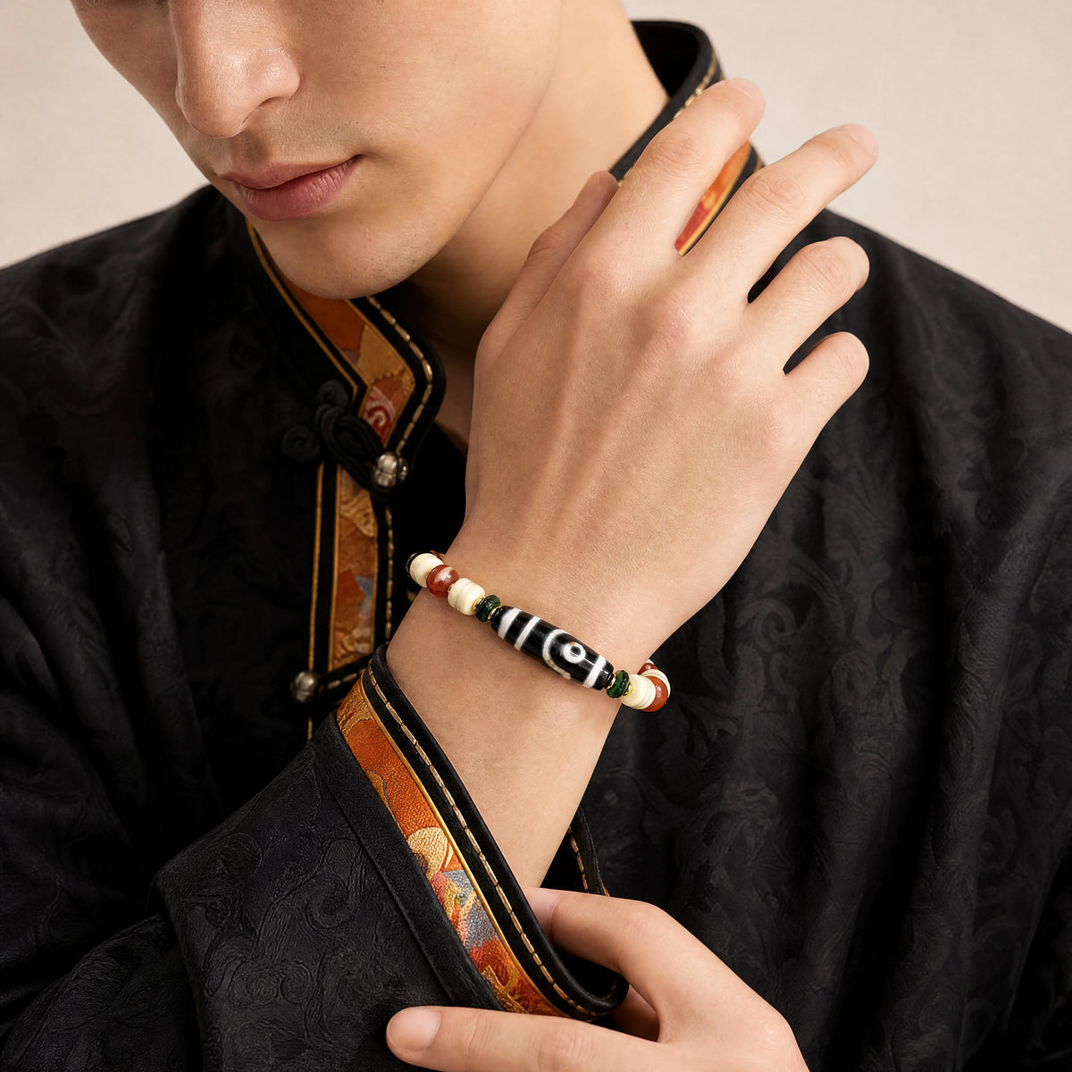 yak-bone-two-eye-dzi-bracelet-harmony-model-a-outfit-a-fashion-03