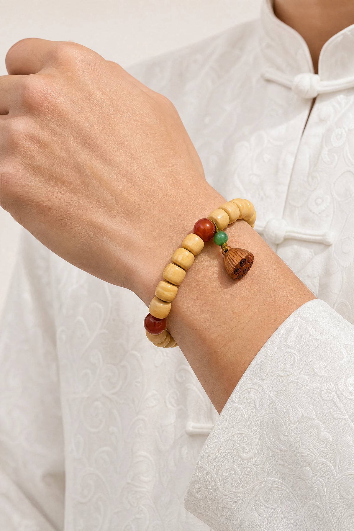 yellow-yak-bone-lotus-root-bracelet-model-a-outfit-a-closeup-01