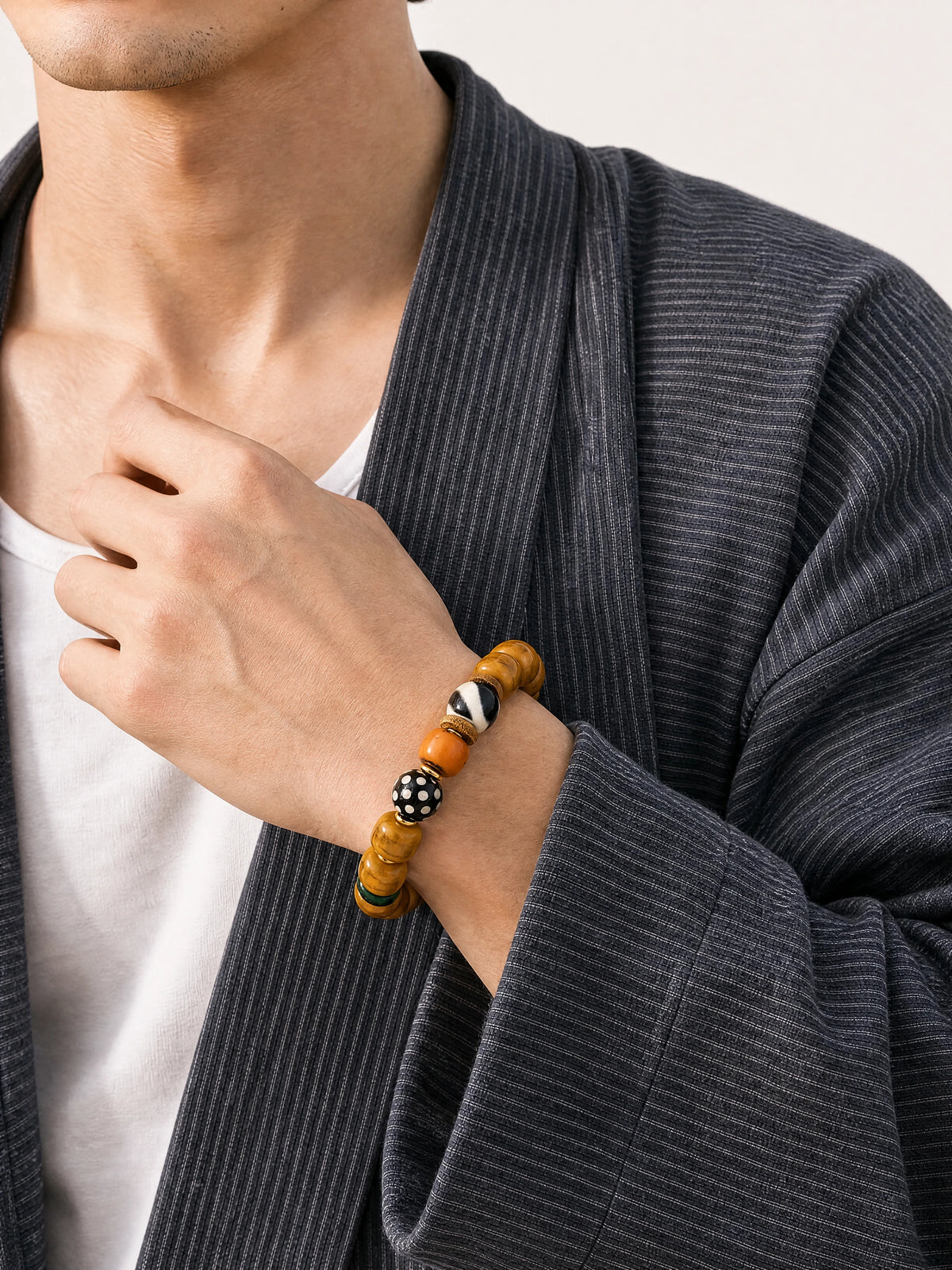 yellow-yak-bone-tiger-tooth-dzi-bracelet-12mm-model-a-outfit-a-fashion-02